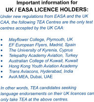 Important information for UK / EASA LICENCE HOLDERS: Under new regulations from EASA and the UK CAA, the following TEA Centres are the only test centres accepted by the UK CAA:  •	Mayflower College, Plymouth, UK •	EF European Flyers, Madrid, Spain •	The University of Kyrenia, Cyprus  •	Telepathy Academy Aviation, Turkey •	Australian College of Kuwait, Kuwait •	Hong Kong Youth Aviation Academy  •	Trans Aviacons, Hyderabad, India •	AviA MEA, Dubai, UAE  In other words, TEA candidates seeking language endorsements on their UK licences can only take TEA at the above centres.